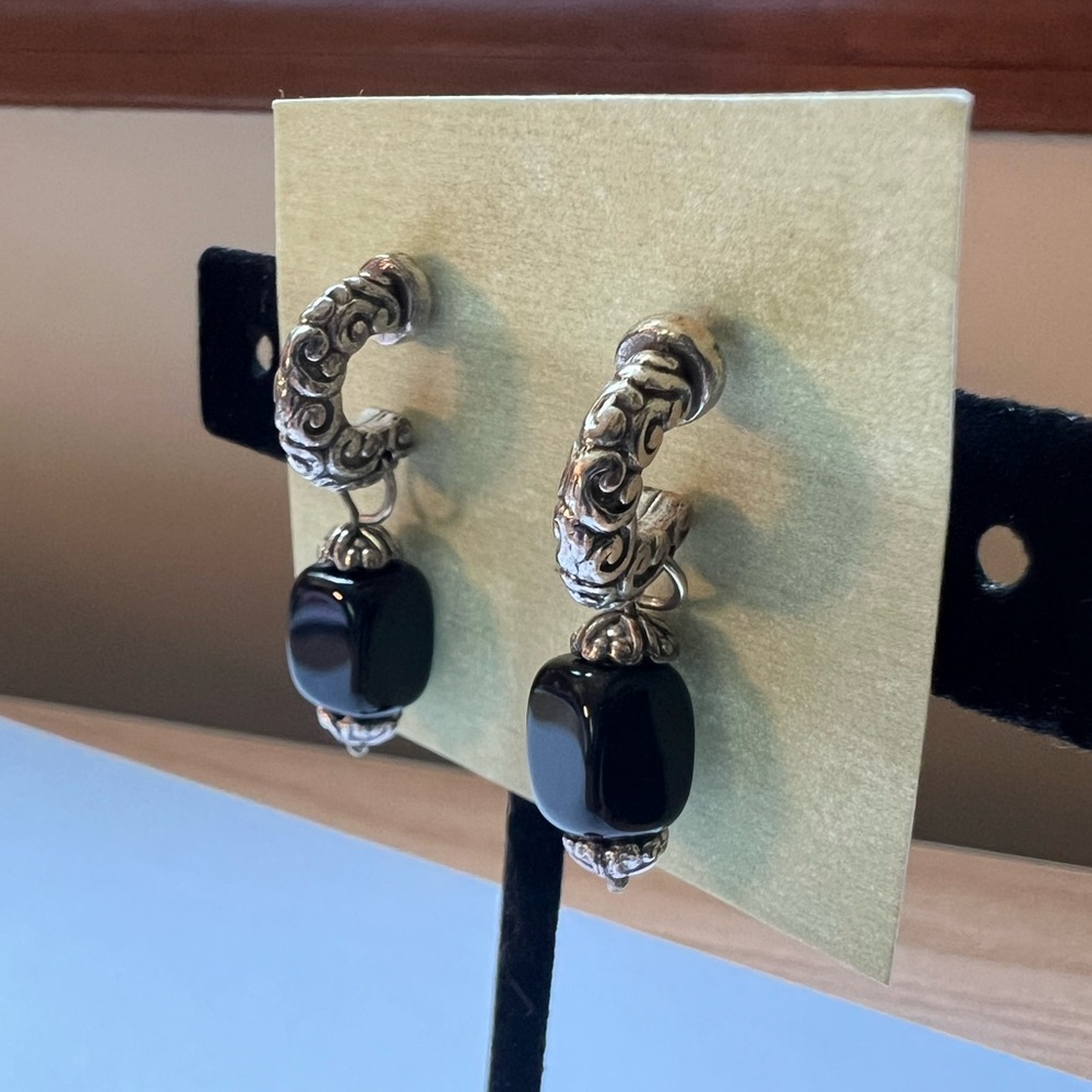 Scrollwork Half Hoop Earrings with Black Stone Dangles